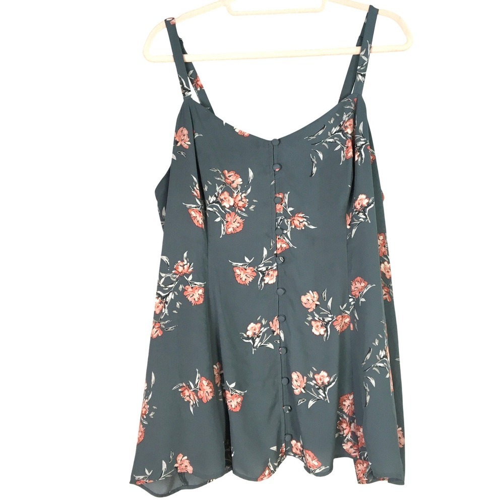 Torrid Floral Print Button Front‎ Cami Tank Top Slate Coral Button Detail Size 1